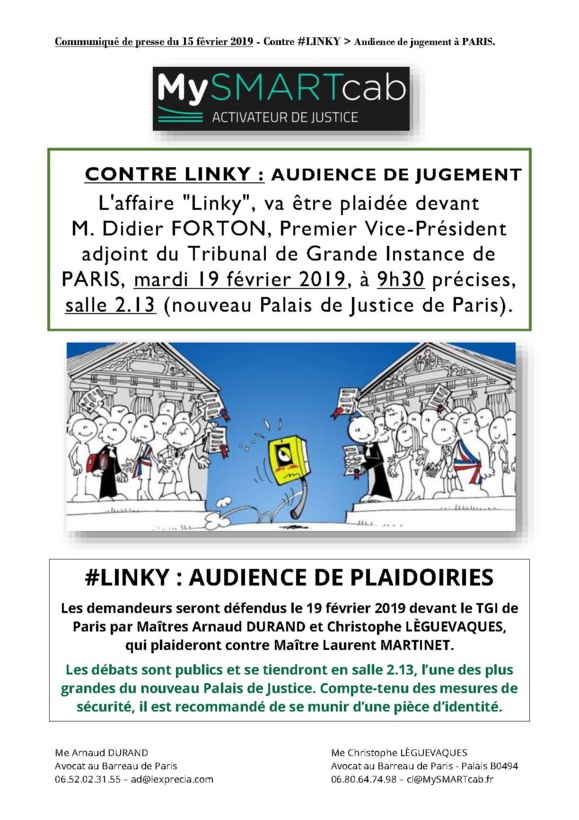 #LINKY : audience de plaidoirie TGI Paris mardi 19 février 2019 9h30