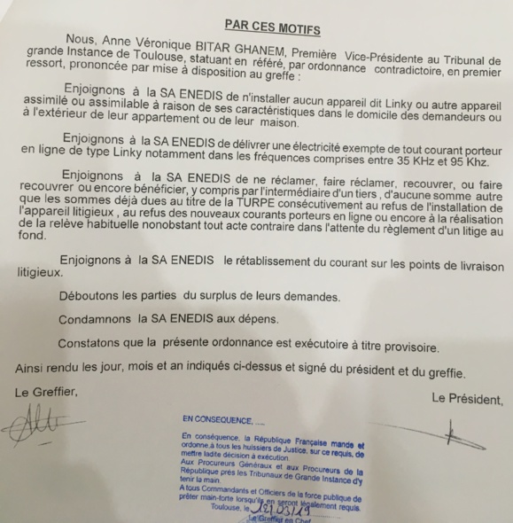 #LINKY - Un premier pas : le juge des référés du TGI de Toulouse protège les EHS/victimes des ondes