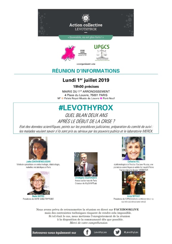 #LEVOTHYROX - RDV le lundi 1er juillet 2019 à 19h00 pour une GRANDE REUNION D'INFORMATIONS