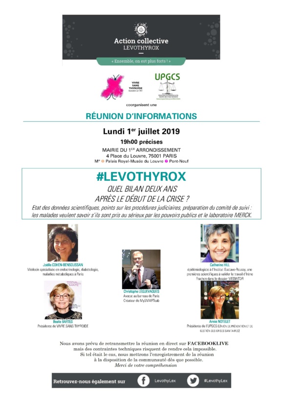 #LEVOTHYROX - RDV le lundi 1er juillet 2019 à 19h00 pour une GRANDE REUNION D'INFORMATIONS #LEVOTHYROX - RDV le lundi 1er juillet 2019 à 19h00 pour une GRANDE REUNION D'INFORMATIONS