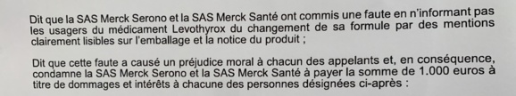 La Cour d'appel de Lyon reconnait le défaut d'information fautif de MERCK lors du changement de formule de LEVOTHYROX