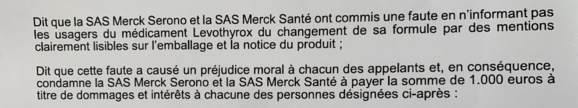 La Cour d'appel de Lyon reconnait le défaut d'information fautif de MERCK lors du changement de formule de LEVOTHYROX La Cour d'appel de Lyon reconnait le défaut d'information fautif de MERCK lors du changement de formule de LEVOTHYROX