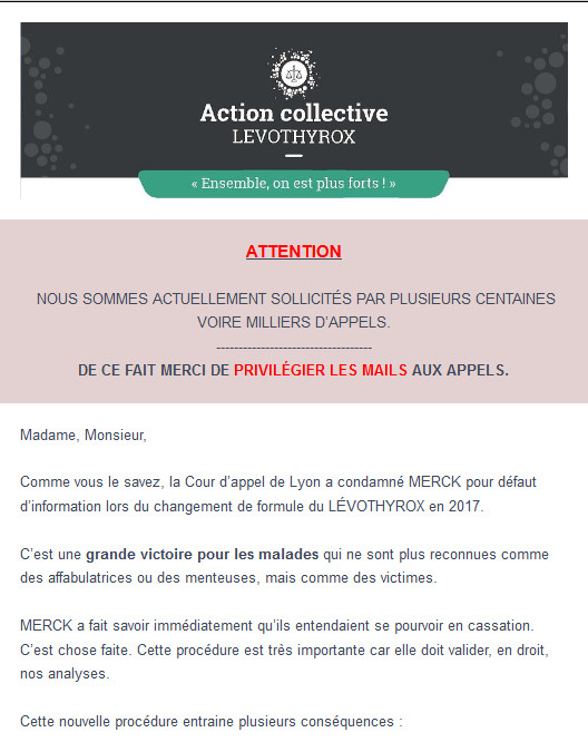 LEVOTHYROX : Lettre adressée aux participants à l'action - Précisions relatives à la cassation LEVOTHYROX : Lettre adressée aux participants à l'action - Précisions relatives à la cassation