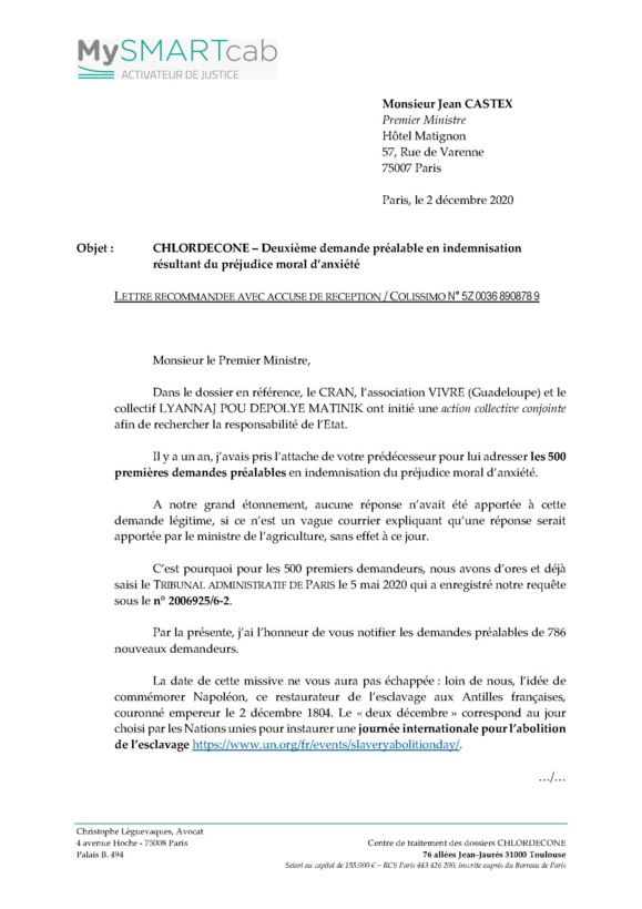 #Chlordecone : extraits de la lettre adressée ce jour à M. Jean Castex, premier ministre #Chlordecone : extraits de la lettre adressée ce jour à M. Jean Castex, premier ministre