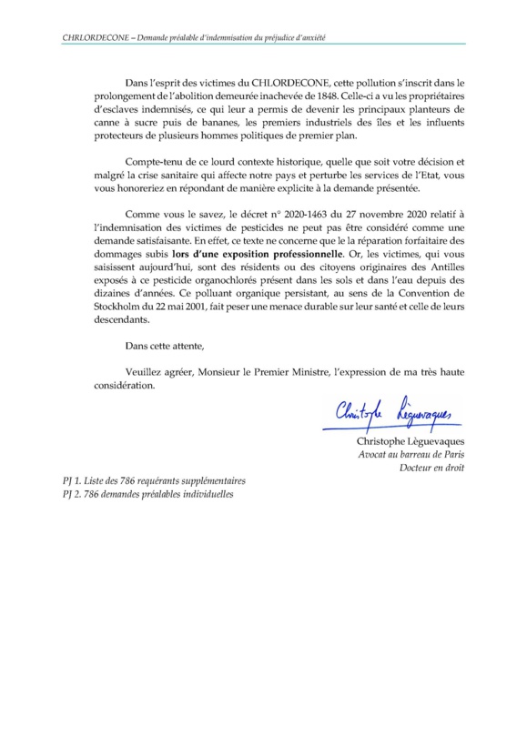 #Chlordecone : extraits de la lettre adressée ce jour à M. Jean Castex, premier ministre #Chlordecone : extraits de la lettre adressée ce jour à M. Jean Castex, premier ministre