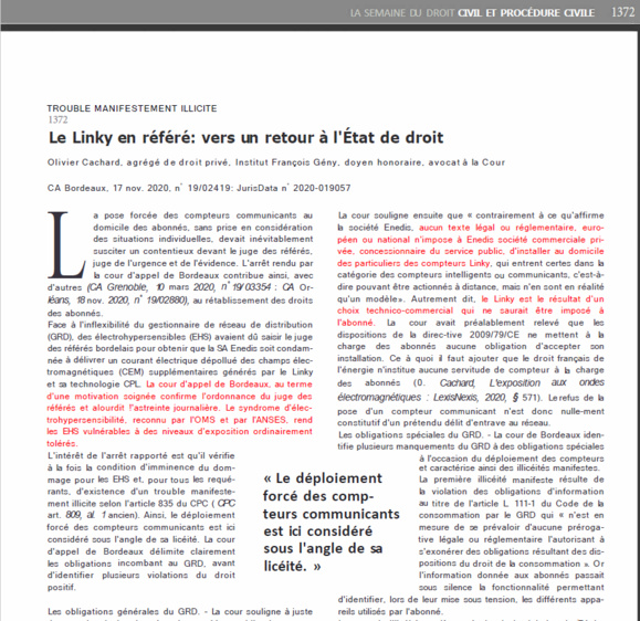 LINKY : commentaire de l'arrêt de la cour d'appel de Bordeaux par le doyen Cachard