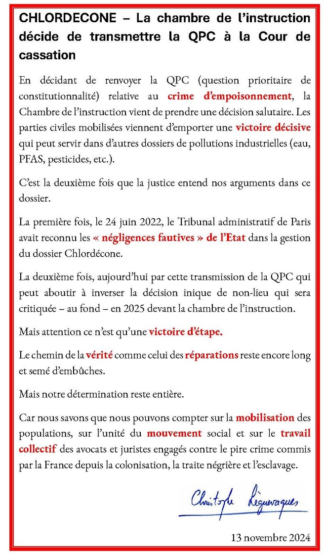 Chlordecone : Transmission de la QPC sur l'empoisonnement à la Cour de cassation Chlordecone : Transmission de la QPC sur l'empoisonnement à la Cour de cassation