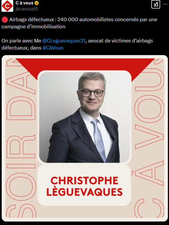 Airbags Takata : mon intervention sur C'àvous (France 5) Airbags Takata : mon intervention sur C'àvous (France 5)