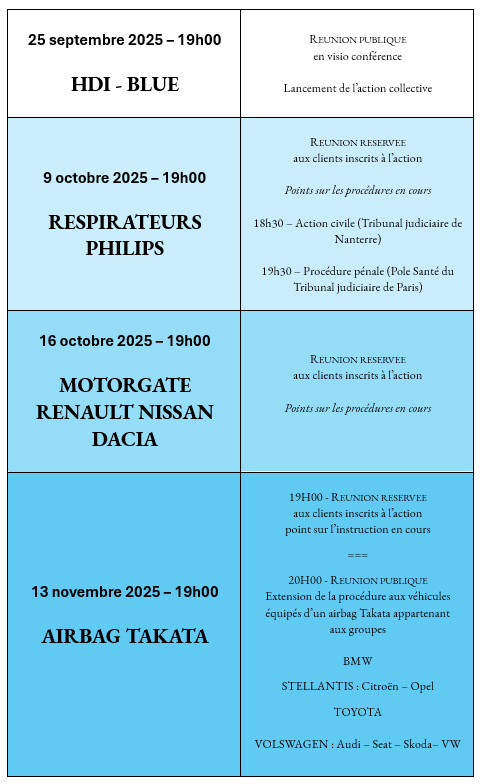 Planning des réunions d'informations sur les actions collectives en cours (2e semestre 2025) Planning des réunions d'informations sur les actions collectives en cours (2e semestre 2025)