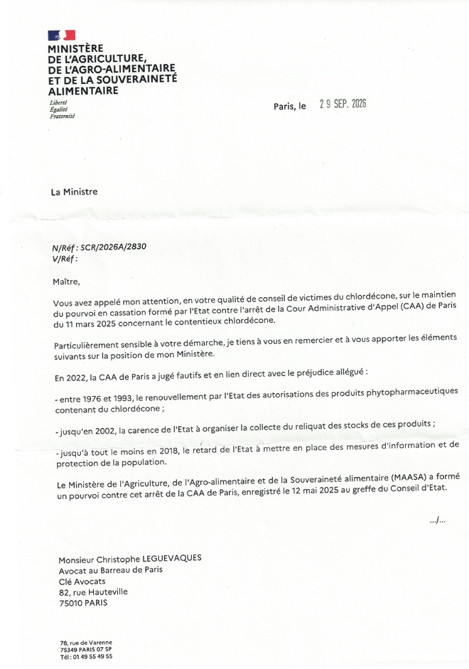CHLORDÉCONE : la ministre de l'agriculture se contredit au détriment des victimes