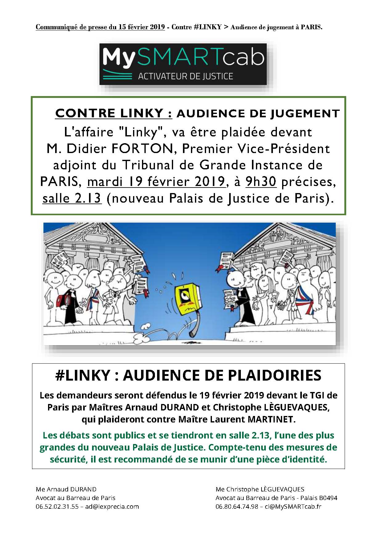 #LINKY : audience de plaidoirie TGI Paris mardi 19 février 2019 9h30