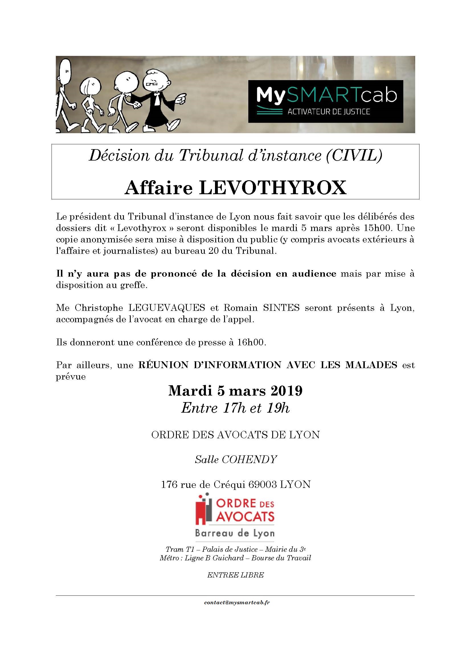 #LEVOTHYROX : le jugement dans le dossier "défaut d'information" sera rendu le mardi 5 mars 2019 après-midi