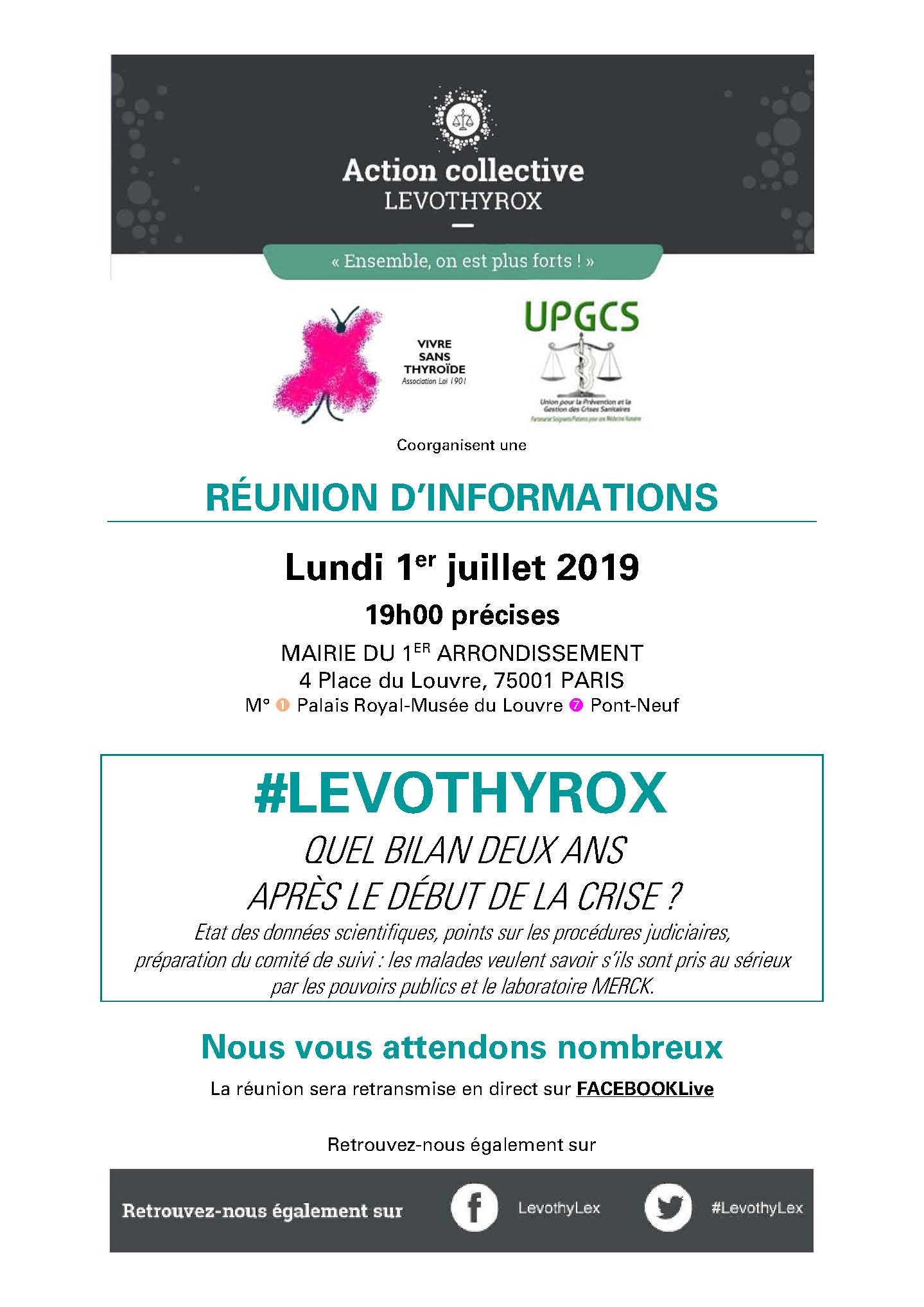 #LEVOTHYROX - RDV le lundi 1er juillet 2019 à 19h00 pour une GRANDE REUNION D'INFORMATIONS