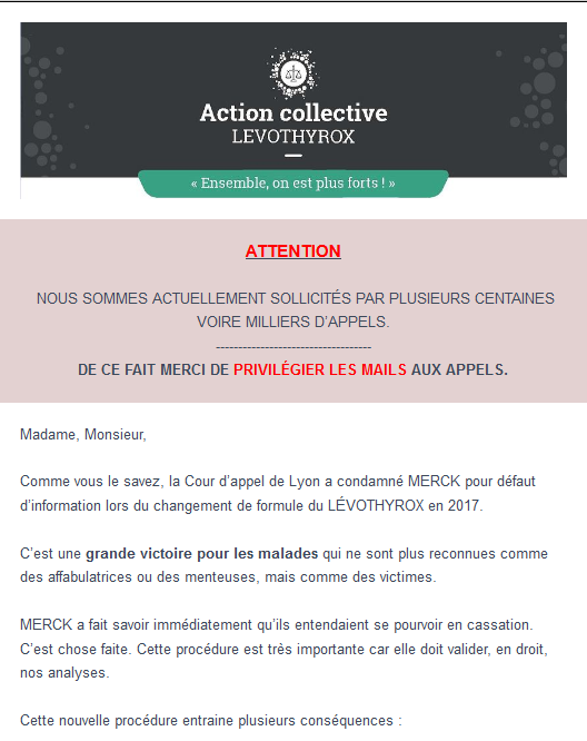 LEVOTHYROX : Lettre adressée aux participants à l'action - Précisions relatives à la cassation