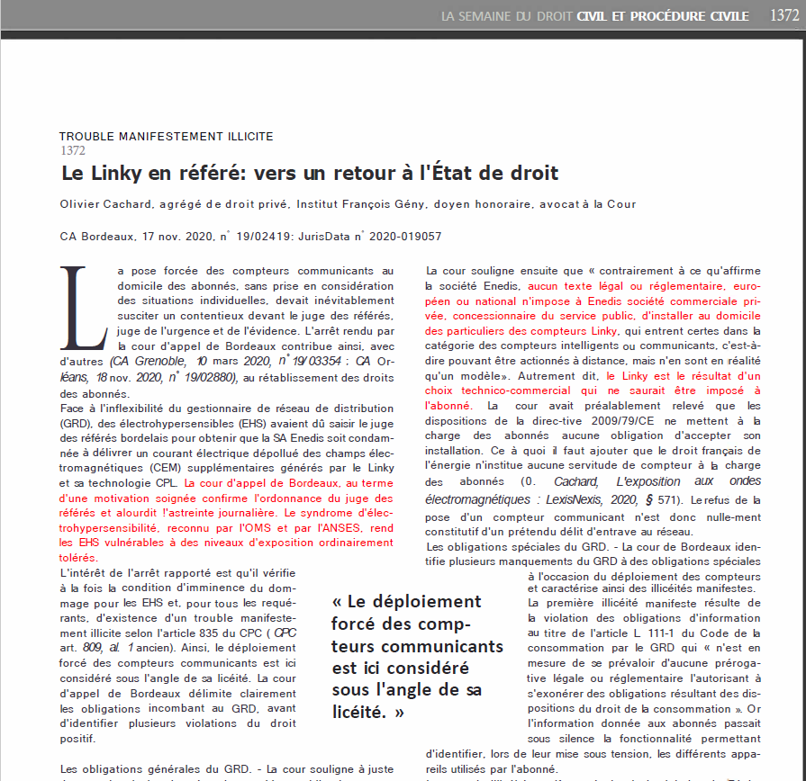 LINKY : commentaire de l'arrêt de la cour d'appel de Bordeaux par le doyen Cachard